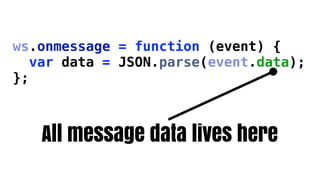ws.onmessage = function (event) {
   var data = JSON.parse(event.data);
};



   All message data lives here
 