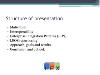 Structure of presentation
• Motivation
• Interoperability
• Enterprise Integration Patterns (EIPs)
• LEOS repurposing
• Ap...
