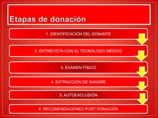 1. IDENTIFICACIÓN DEL DONANTE
2. ENTREVISTA CON EL TECNÓLOGO MÉDICO
3. EXAMEN FÍSICO
4. EXTRACCIÓN DE SANGRE
5. AUTOEXCLUSIÓN
6 .RECOMENDACIONES POST DONACIÓN
 