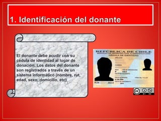 El donante debe acudir con su
cédula de identidad al lugar de
donación. Los datos del donante
son registrados a través de un
sistema informático (nombre, rut,
edad, sexo, domicilio, etc)
 