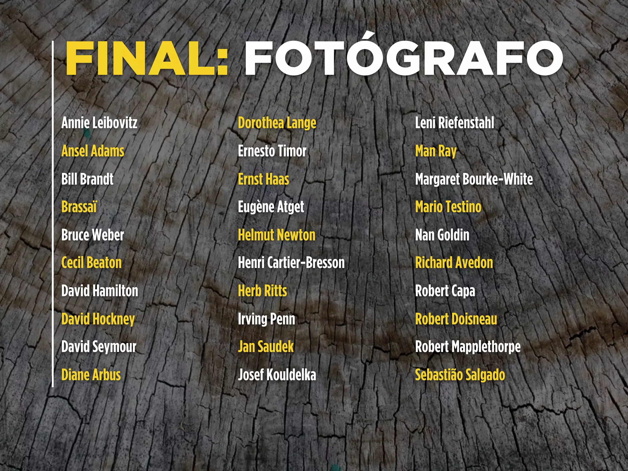 FINAL: FOTÓGRAFO
Annie Leibovitz
Ansel Adams
Bill Brandt
Brassaï
Bruce Weber
Cecil Beaton
David Hamilton
David Hockney
David Seymour
Diane Arbus
Dorothea Lange
Ernesto Timor
Ernst Haas
Eugène Atget
Helmut Newton
Henri Cartier-Bresson
Herb Ritts
Irving Penn
Jan Saudek
Josef Kouldelka
Leni Riefenstahl
Man Ray
Margaret Bourke-White
Mario Testino
Nan Goldin
Richard Avedon
Robert Capa
Robert Doisneau
Robert Mapplethorpe
Sebastião Salgado