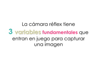 La cámara réflex tiene
3 variables fundamentales que
entran en juego para capturar
una imagen
 