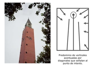Predominio de verticales
acentuadas por
diagonales que señalan al
punto de interés.
 