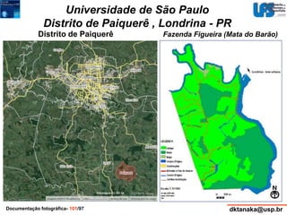 Universidade de São Paulo 
Distrito de Paiquerê , Londrina - PR 
Distrito de Paiquerê Fazenda Figueira (Mata do Barão) 
Estação Experimental Agropecuária 
Hildegard Geogina von Pritzelwitz 
ESALQ 
Reserva do Patrimônio Natural (RPN) 
doada em 2000, pelo ex-aluno 
Alexandre von Pritzelwitz 
Grandes remanescentes de 
fragmentos florestais nativos 
Documentação fotográfica- 101/97 dktanaka@usp.br 
 