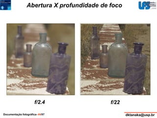 Abertura X profundidade de foco 
f/22 
f/2.4 
Documentação fotográfica- 44/97 dktanaka@usp.br 
 