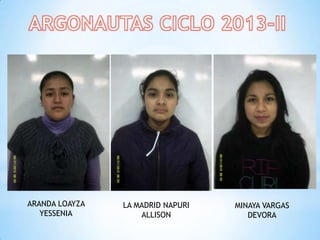 ARANDA LOAYZA
YESSENIA
LA MADRID NAPURI
ALLISON
MINAYA VARGAS
DEVORA
 