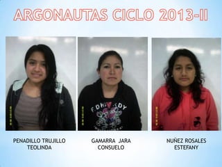 PENADILLO TRUJILLO
TEOLINDA
GAMARRA JARA
CONSUELO
NUÑEZ ROSALES
ESTEFANY
 