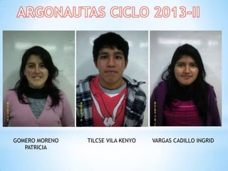 GOMERO MORENO
PATRICIA
TILCSE VILA KENYO VARGAS CADILLO INGRID
 