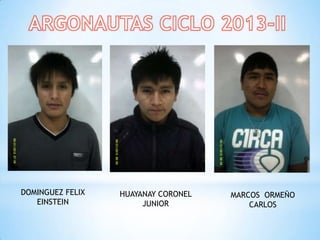 DOMINGUEZ FELIX
EINSTEIN
HUAYANAY CORONEL
JUNIOR
MARCOS ORMEÑO
CARLOS
 
