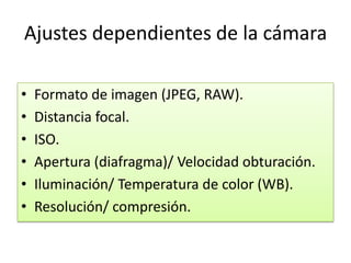 Ajustes dependientes de la cámara
• Formato de imagen (JPEG, RAW).
• Distancia focal.
• ISO.
• Apertura (diafragma)/ Velocidad obturación.
• Iluminación/ Temperatura de color (WB).
• Resolución/ compresión.
 