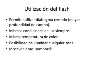 Utilización del flash
• Permite utilizar diafragma cerrado (mayor
profundidad de campo).
• Mismas condiciones de luz siempre.
• Misma temperatura de color.
• Posibilidad de iluminar cualquier zona.
• Inconveniente: sombras!!
 