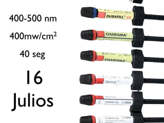 400-500 nm
400mw/cm2
  40 seg

  16
Julios
 