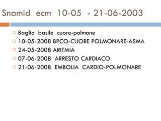 Snamid  ecm  10-05  - 21-06-2003 Baglio  basile  cuore-polmone 10-05-2008 BPCO-CUORE POLMONARE-ASMA 24-05-2008 ARITMIA 07-06-2008  ARRESTO CARDIACO 21-06-2008  EMBOLIA  CARDIO-POLMONARE 