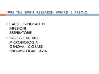 1995  THE  SPIRIT  RESEARCH  AWARD  1  PREMIO  CAUSE  PRINCIPALI  DI  INFEZIONI  RESPIRATORIE  PROF.G.C SCHITO  MICROBIOLOGIA  GENOVA  -C.GRASSI  PNEUMOLOGIA  PAVIA 