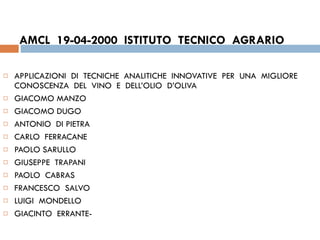 AMCL  19-04-2000  ISTITUTO  TECNICO  AGRARIO APPLICAZIONI  DI  TECNICHE  ANALITICHE  INNOVATIVE  PER  UNA  MIGLIORE  CONOSCENZA  DEL  VINO  E  DELL’OLIO  D’OLIVA  GIACOMO MANZO GIACOMO DUGO  ANTONIO  DI PIETRA CARLO  FERRACANE  PAOLO SARULLO GIUSEPPE  TRAPANI PAOLO  CABRAS FRANCESCO  SALVO LUIGI  MONDELLO GIACINTO  ERRANTE- 