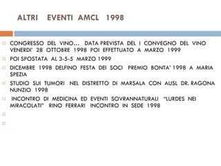 ALTRI  EVENTI  AMCL  1998 CONGRESSO  DEL  VINO…  DATA PREVISTA  DEL  I  CONVEGNO  DEL  VINO  VENERDI’  28  OTTOBRE  1998  POI  EFFETTUATO  A  MARZO  1999 POI SPOSTATA  AL 3-5-5  MARZO 1999    DICEMBRE  1998  DELFINO  FESTA  DEI  SOCI  PREMIO  BONTA’ 1998  A  MARIA  SPEZIA    STUDIO  SUI  TUMORI  NEL  DISTRETTO  DI  MARSALA  CON  AUSL  DR. RAGONA  NUNZIO  1998   INCONTRO  DI  MEDICINA  ED  EVENTI  SOVRANNATURALI  “LURDES  NEI  MIRACOLATI”  RINO  FERRARI  INCONTRO  IN  SEDE  1998      