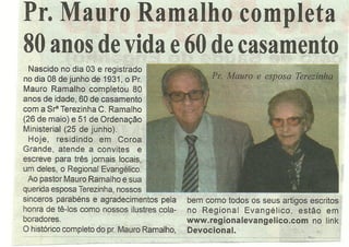 Pr. Mauro Ramalho completa 80 anos de vida e 60 de casamento