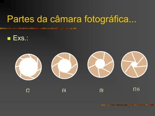 Partes da câmara fotográfica...
 Exs.:
f2 f4 f8 f16
 