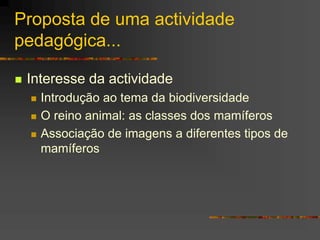 Proposta de uma actividade
pedagógica...
 Interesse da actividade
 Introdução ao tema da biodiversidade
 O reino animal: as classes dos mamíferos
 Associação de imagens a diferentes tipos de
mamíferos
 