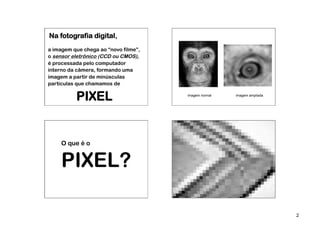 Na fotografia digital,
a imagem que chega ao “novo filme”,
o sensor eletrônico (CCD ou CMOS),
é processada pelo computador
interno da câmera, formando uma
imagem a partir de minúsculas
partículas que chamamos de

          PIXEL                       imagem normal   imagem ampliada




     O que é o


     PIXEL?

                                                                        2
 