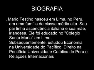 BIOGRAFIA , Mario Testino nasceu em Lima, no Peru, em uma família de classe média alta. Seu pai tinha ascendência italiana e sua mãe, irlandesa. Ele foi educado no "Colegio Santa Maria" em Lima. Subseqüentemente, estudou Economia na Universidade do Pacífico, Direito na Pontifícia Universidade Católica do Peru e Relações Internacionais  idos. Mario Testino nasceu em Lima, no Peru, em uma família de classe média alta. Seu pai tinha ascendência italiana e sua mãe, irlandesa. Ele foi educado no "Colegio Santa Maria" em Lima. Subseqüentemente, estudou Economia na Universidade do Pacífico, Direito na Pontifícia Universidade Católica do Peru e Relações Internacionais na Universidade de San Diego, Califórnia, Estados Unidos. Em 1976, Testino mudou-se para Londres, Inglaterra, morando em um apartamento dentro de um hospital abandonado perto da Trafalgar Square, onde ele treinou fotografia. Sua carreira na moda teve um começo humilde, vendendo portfólios para mulheres que sonhavam tornar-se modelos, por £25 libras esterlinas, incluindo cabelo e maquiagem. Em 2009 lançou o livro Mario de Janeiro Testino com várias fotos da cidade do Rio de Janeiro e personalidades brasileiras. Alguns destaques do livro ficam por conta da nudez de Fernanda Lima, do casal Cauã Reymond e Grazi Massafera, Rômulo Arantes Neto, Rodrigo Hilbert e Alinne Moraes. Mario Testino continua baseado em Londres, mas viaja bastante para fotografar para revistas  Mario Testino nasceu em Lima, no Peru, em uma família de classe média alta. Seu pai tinha ascendência italiana e sua mãe, irlandesa. Ele foi educado no "Colegio Santa Maria" em Lima. Subseqüentemente, estudou Economia na Universidade do Pacífico, Direito na Pontifícia Universidade Católica do Peru e Relações Internacionais na Universidade de San Diego, Califórnia, Estados Unidos. Em 1976, Testino mudou-se para Londres, Inglaterra, morando em um apartamento dentro de um hospital abandonado perto da Trafalgar Square, onde ele treinou fotografia. Sua carreira na moda teve um começo humilde, vendendo portfólios para mulheres que sonhavam tornar-se modelos, por £25 libras esterlinas, incluindo cabelo e maquiagem. Em 2009 lançou o livro Mario de Janeiro Testino com várias fotos da cidade do Rio de Janeiro e personalidades brasileiras. Alguns destaques do livro ficam por conta da nudez de Fernanda Lima, do casal Cauã Reymond e Grazi Massafera, Rômulo Arantes Neto, Rodrigo Hilbert e Alinne Moraes. Mario Testino continua baseado em Londres, mas viaja bastante para fotografar para revistas  Mario Testino nasceu em Lima, no Peru, em uma família de classe média alta. Seu pai tinha ascendência italiana e sua mãe, irlandesa. Ele foi educado no "Colegio Santa Maria" em Lima. Subseqüentemente, estudou Economia na Universidade do Pacífico, Direito na Pontifícia Universidade Católica do Peru e Relações Internacionais na Universidade de San Diego, Califórnia, Estados Unidos. Em 1976, Testino mudou-se para Londres, Inglaterra, morando em um apartamento dentro de um hospital abandonado perto da Trafalgar Square, onde ele treinou fotografia. Sua carreira na moda teve um começo humilde, vendendo portfólios para mulheres que sonhavam tornar-se modelos, por £25 libras esterlinas, incluindo cabelo e maquiagem. Em 2009 lançou o livro Mario de Janeiro Testino com várias fotos da cidade do Rio de Janeiro e personalidades brasileiras. Alguns destaques do livro ficam por conta da nudez de Fernanda Lima, do casal Cauã Reymond e Grazi Massafera, Rômulo Arantes Neto, Rodrigo Hilbert e Alinne Moraes. Mario Testino continua baseado em Londres, mas viaja bastante para fotografar para revistas  Mario Testino nasceu em Lima, no Peru, em uma família de classe média alta. Seu pai tinha ascendência italiana e sua mãe, irlandesa. Ele foi educado no "Colegio Santa Maria" em Lima. Subseqüentemente, estudou Economia na Universidade do Pacífico, Direito na Pontifícia Universidade Católica do Peru e Relações Internacionais na Universidade de San Diego, Califórnia, Estados Unidos. Em 1976, Testino mudou-se para Londres, Inglaterra, morando em um apartamento dentro de um hospital abandonado perto da Trafalgar Square, onde ele treinou fotografia. Sua carreira na moda teve um começo humilde, vendendo portfólios para mulheres que sonhavam tornar-se modelos, por £25 libras esterlinas, incluindo cabelo e maquiagem. Em 2009 lançou o livro Mario de Janeiro Testino com várias fotos da cidade do Rio de Janeiro e personalidades brasileiras. Alguns destaques do livro ficam por conta da nudez de Fernanda Lima, do casal Cauã Reymond e Grazi Massafera, Rômulo Arantes Neto, Rodrigo Hilbert e Alinne Moraes. Mario Testino continua baseado em Londres, mas viaja bastante para fotografar para revistas  
