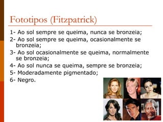 Fototipos (Fitzpatrick) 1- Ao sol sempre se queima, nunca se bronzeia; 2- Ao sol sempre se queima, ocasionalmente se bronzeia; 3- Ao sol ocasionalmente se queima, normalmente se bronzeia; 4- Ao sol nunca se queima, sempre se bronzeia; 5- Moderadamente pigmentado; 6- Negro. 