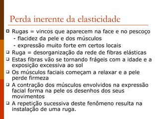 Perda inerente da elasticidade Rugas = vincos que aparecem na face e no pescoço - flacidez da pele e dos músculos - expressão muito forte em certos locais Ruga = desorganização da rede de fibras elásticas Estas fibras vão se tornando frágeis com a idade e a exposição excessiva ao sol  Os músculos faciais começam a relaxar e a pele perde firmeza  A contração dos músculos envolvidos na expressão facial forma na pele os desenhos dos seus movimentos A repetição sucessiva deste fenômeno resulta na instalação de uma ruga. 