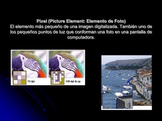 Pixel (Picture Element: Elemento de Foto)
El elemento más pequeño de una imagen digitalizada. También uno de
los pequeños puntos de luz que conforman una foto en una pantalla de
                           computadora.
 