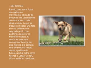 DEPORTES
Ideado para sacar fotos
de sujetos en
movimiento, el modo de
deportes usa velocidades
de obturación lo más
altas posible, lo que se
traduce en sacar una foto
en una milésima de
segundo por lo que
podemos capturar el
momento exacto. El
contra es que para
compensar la poca luz
que ingresa a la cámara
cuando se toma la foto
debes ayudarte de
fuentes de luz extra como
flashes o utilizar un ISO
alto si estás en interiores.
 