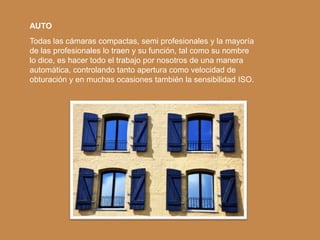 AUTO
Todas las cámaras compactas, semi profesionales y la mayoría
de las profesionales lo traen y su función, tal como su nombre
lo dice, es hacer todo el trabajo por nosotros de una manera
automática, controlando tanto apertura como velocidad de
obturación y en muchas ocasiones también la sensibilidad ISO.
 