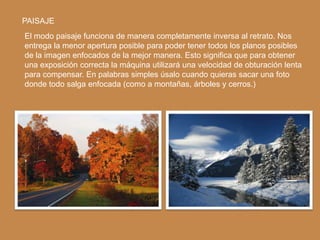 PAISAJE
El modo paisaje funciona de manera completamente inversa al retrato. Nos
entrega la menor apertura posible para poder tener todos los planos posibles
de la imagen enfocados de la mejor manera. Esto significa que para obtener
una exposición correcta la máquina utilizará una velocidad de obturación lenta
para compensar. En palabras simples úsalo cuando quieras sacar una foto
donde todo salga enfocada (como a montañas, árboles y cerros.)
 