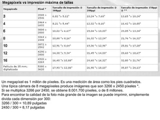 Un megapíxel es 1 millón de píxeles. Es una medición de área como los pies cuadrados. Una típica cámara de 8 megapíxeles produce imágenes que son 3266 x 2450 píxeles *.  Si se multiplica 3266 por 2450, se obtiene 8.001.700 píxeles, o de 8 millones. Para encontrar la calidad de la foto más grande de la imagen se puede imprimir, simplemente divida cada dimensión por 300:  3266 / 300 = 10,89 pulgadas  2450 / 300 = 8,17 pulgadas  