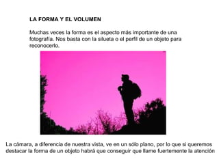 LA FORMA Y EL VOLUMEN   Muchas veces la forma es el aspecto más importante de una fotografía. Nos basta con la silueta o el perfil de un objeto para reconocerlo.  La cámara, a diferencia de nuestra vista, ve en un sólo plano, por lo que si queremos destacar la forma de un objeto habrá que conseguir que llame fuertemente la atención  