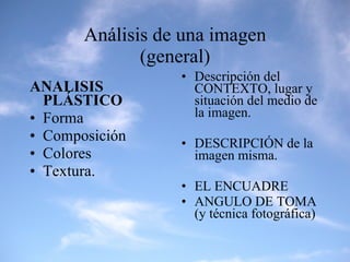 Análisis de una imagen (general) ANALISIS PLÁSTICO Forma Composición Colores Textura. Descripción del CONTEXTO, lugar y situación del medio de la imagen.  DESCRIPCIÓN de la imagen misma.  EL ENCUADRE  ANGULO DE TOMA (y técnica fotográfica)  