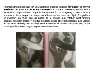lAl procesar esta película con una sustancia química llamada revelador, se forman
partículas de plata en las zonas expuestas a la luz. Cuanto más intensa sea la
exposición, mayor número de partículas se crearán. La imagen que resulta de este
proceso se llama negativo porque los valores de los tonos del objeto fotografiado
se invierten, es decir, que las zonas de la escena que estaban relativamente
oscuras aparecen claras y las que estaban claras aparecen oscuras. Los valores
de los tonos del negativo se vuelven a invertir en el proceso de positivado, o con
las diapositivas en un segundo proceso de revelado.
 