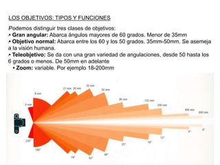 lLOS OBJETIVOS: TIPOS Y FUNCIONES
lPodemos distinguir tres clases de objetivos:
l• Gran angular: Abarca ángulos mayores de 60 grados. Menor de 35mm
l• Objetivo normal: Abarca entre los 60 y los 50 grados. 35mm-50mm. Se asemeja
a la visión humana.
l• Teleobjetivo: Se da con una gran variedad de angulaciones, desde 50 hasta los
6 grados o menos. De 50mm en adelante
• Zoom: variable. Por ejemplo 18-200mm
 