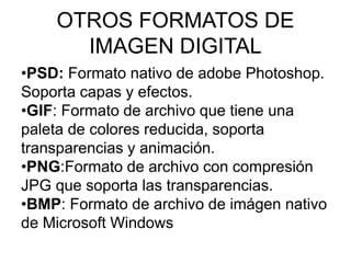 OTROS FORMATOS DE
IMAGEN DIGITAL
•PSD: Formato nativo de adobe Photoshop.
Soporta capas y efectos.
•GIF: Formato de archivo que tiene una
paleta de colores reducida, soporta
transparencias y animación.
•PNG:Formato de archivo con compresión
JPG que soporta las transparencias.
•BMP: Formato de archivo de imágen nativo
de Microsoft Windows
 