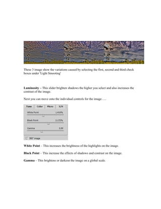 These 3 image show the variations caused by selecting the first, second and third check
boxes under 'Light Smooting'



Luminosity – This slider brighten shadows the higher you select and also increases the
contrast of the image.

Next you can move onto the individual controls for the image…..




White Point – This increases the brightness of the highlights on the image.

Black Point – This increase the effects of shadows and contrast on the image.

Gamma – This brightens or darkesn the image on a global scale.
 