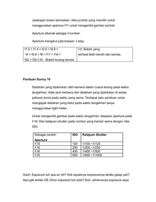 cadangan bukan kemestian. Ada jurufoto yang memilih untuk
      menggunakan aperture f11 untuk mengambil gambar portrait.

      Aperture dikenali sebagai f-number.

      Aperture mengikut julat bukaan 1-stop

 f1.0 > f1.4 > f2.0 > f2.8 >             f-5. Bokeh yang
 f4 > f5.6 > f8 > f11 > f16 >            terhasil lebih bersih dan kemas.
 f22 > f32 f-32 . Bokeh kurang kemas




Panduan Sunny 16

      Dedahan yang diperlukan oleh kamera dalam cuaca terang pada waktu
      tengahhari, tidak jauh berbeza dari dedahan yang diperlukan di setiap
      pelusuk dunia pada waktu yang sama. Terdapat satu panduan untuk
      mengagak dedahan yang betul pada waktu tengahhari tanpa
      menggunakan light meter.

      Untuk mengambil gambar pada waktu tengahhari, tetapkan aperture pada
      f-16. Dan kelajuan shutter pada nombor yang hampir sama dengan nilai
      ISO.

        Sebagai contoh:            ISO      Kelajuan Shutter
        Aperture
        f-16                       100      1/100 ~1/125
        f-16                       200      1/200 ~1/250
        f-16                       400      1/400 ~1/500
        f-16                       800      1/800 ~1/1000




Aduh. Exposure tuh apa an sih? Kok kayaknya exposurenya terlalu gelap yah?
Apa gak terlalu OE (Over exposed) tuh poto? Duh, seharusnya exposure saya
 