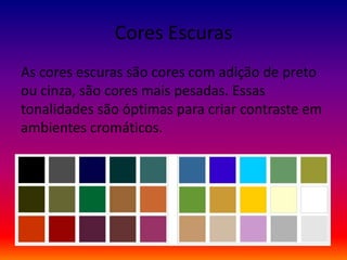 Cores Escuras
As cores escuras são cores com adição de preto
ou cinza, são cores mais pesadas. Essas
tonalidades são óptimas para criar contraste em
ambientes cromáticos.
 