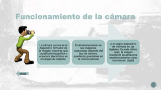 Funcionamiento de la cámara
La cámara oscura es el
dispositivo formador de
la imagen, mientras que
la película fotográfica o
el sensor electrónico se
encargan de captarla.
El almacenamiento de
las imágenes
capturadas depende del
tipo de cámara,
quedando guardadas en
la misma película
o en algún dispositivo
de memoria en las
digitales. En este último
caso, la imagen
resultante se almacena
electrónicamente como
información digital
atrás
 