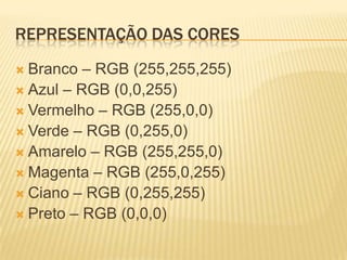 REPRESENTAÇÃO DAS CORES
 Branco  – RGB (255,255,255)
 Azul – RGB (0,0,255)
 Vermelho – RGB (255,0,0)
 Verde – RGB (0,255,0)
 Amarelo – RGB (255,255,0)
 Magenta – RGB (255,0,255)
 Ciano – RGB (0,255,255)
 Preto – RGB (0,0,0)
 