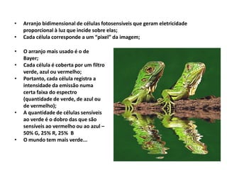 • Arranjo bidimensional de células fotosensíveis que geram eletricidade
proporcional à luz que incide sobre elas;
• Cada célula corresponde a um “pixel” da imagem;
• O arranjo mais usado é o de
Bayer;
• Cada célula é coberta por um filtro
verde, azul ou vermelho;
• Portanto, cada célula registra a
intensidade da emissão numa
certa faixa do espectro
(quantidade de verde, de azul ou
de vermelho);
• A quantidade de células sensíveis
ao verde é o dobro das que são
sensíveis ao vermelho ou ao azul –
50% G, 25% R, 25% B
• O mundo tem mais verde...
 