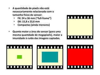• A quantidade de pixels não está
necessariamente relacionada com o
tamanho físico do sensor:
• FX: 24 x 36 mm (“full-frame”)
• DX: 15,8 x 23,6 mm
• Compactas (ainda menores)
• Quanto maior a área do sensor (para uma
mesma quantdade de megapixels), maior a
imunidade à ruído das imagens captadas.
 