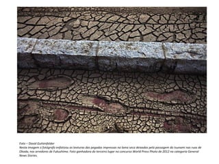 Foto – David Guttenfelder
Nesta imagem o fotógrafo enfatizou as texturas das pegadas impressas na lama seca deixadas pela passagem do tsunami nas ruas de
Okada, nos arredores de Fukushima. Foto ganhadora do terceiro lugar no concurso World Press Photo de 2012 na categoria General
News Stories.
 