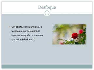 Desfoque
 Um objeto, ser ou um local, é
focado em um determinado
lugar na fotografia, e o resto à
sua volta é desfocado.
 