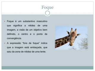 Foque
 Foque é um substantivo masculino
que significa a nitidez de uma
imagem, a visão de um objetivo bem
definido, o centro e o ponto de
convergência.
 A expressão “fora de foque” indica
que a imagem está embaçada, que
saiu da zona de nitidez de uma lente.
 