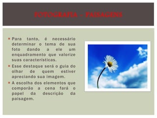 FOTOGRAFIA - PAISAGENS
 Para tanto, é necessário
determinar o tema de sua
foto
dando
a
ele
um
enquadramento que valorize
suas características.
 Esse destaque será o guia do
olhar
de
quem
estiver
apreciando sua imagem.
 A escolha dos elementos que
comporão a cena fará o
papel
da
descrição
da
paisagem.

 