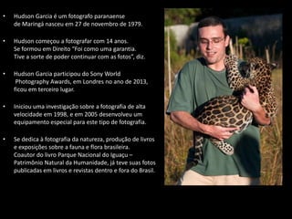 • Hudson Garcia é um fotografo paranaense
de Maringá nasceu em 27 de novembro de 1979.
• Hudson começou a fotografar com 14 anos.
Se formou em Direito “Foi como uma garantia.
Tive a sorte de poder continuar com as fotos”, diz.
• Hudson Garcia participou do Sony World
Photography Awards, em Londres no ano de 2013,
ficou em terceiro lugar.
• Iniciou uma investigação sobre a fotografia de alta
velocidade em 1998, e em 2005 desenvolveu um
equipamento especial para este tipo de fotografia.
• Se dedica à fotografia da natureza, produção de livros
e exposições sobre a fauna e flora brasileira.
Coautor do livro Parque Nacional do Iguaçu –
Patrimônio Natural da Humanidade, já teve suas fotos
publicadas em livros e revistas dentro e fora do Brasil.
 