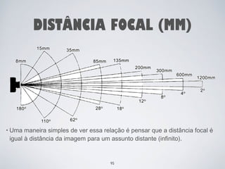 DISTÂNCIA FOCAL (MM) 
• Uma maneira simples de ver essa relação é pensar que a distância focal é 
igual à distância da imagem para um assunto distante (infinito). 
95 
 